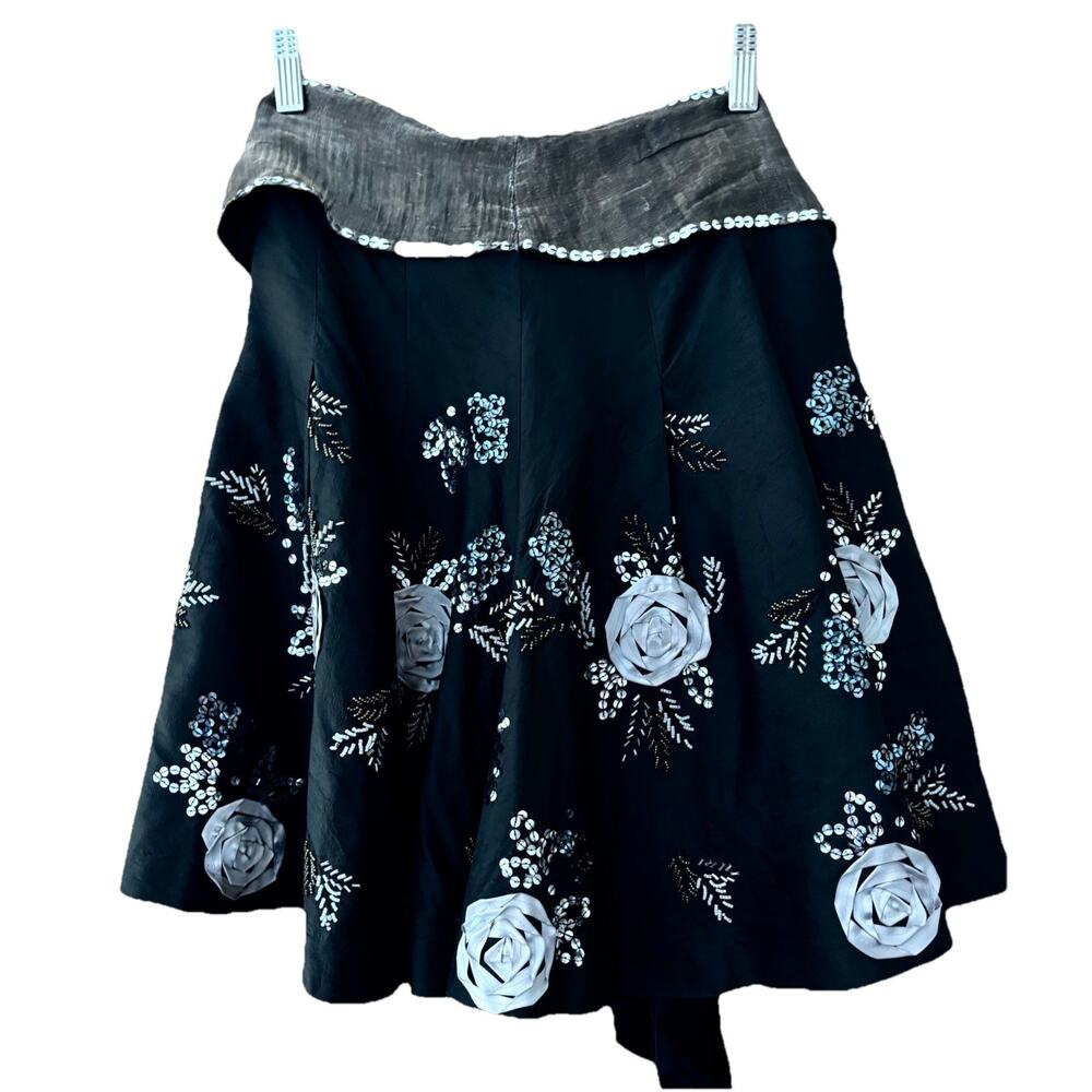 Tibi Skirt 100% Raw Silk Skater Floral Appliqué Sequin Sz 2 Black Silver